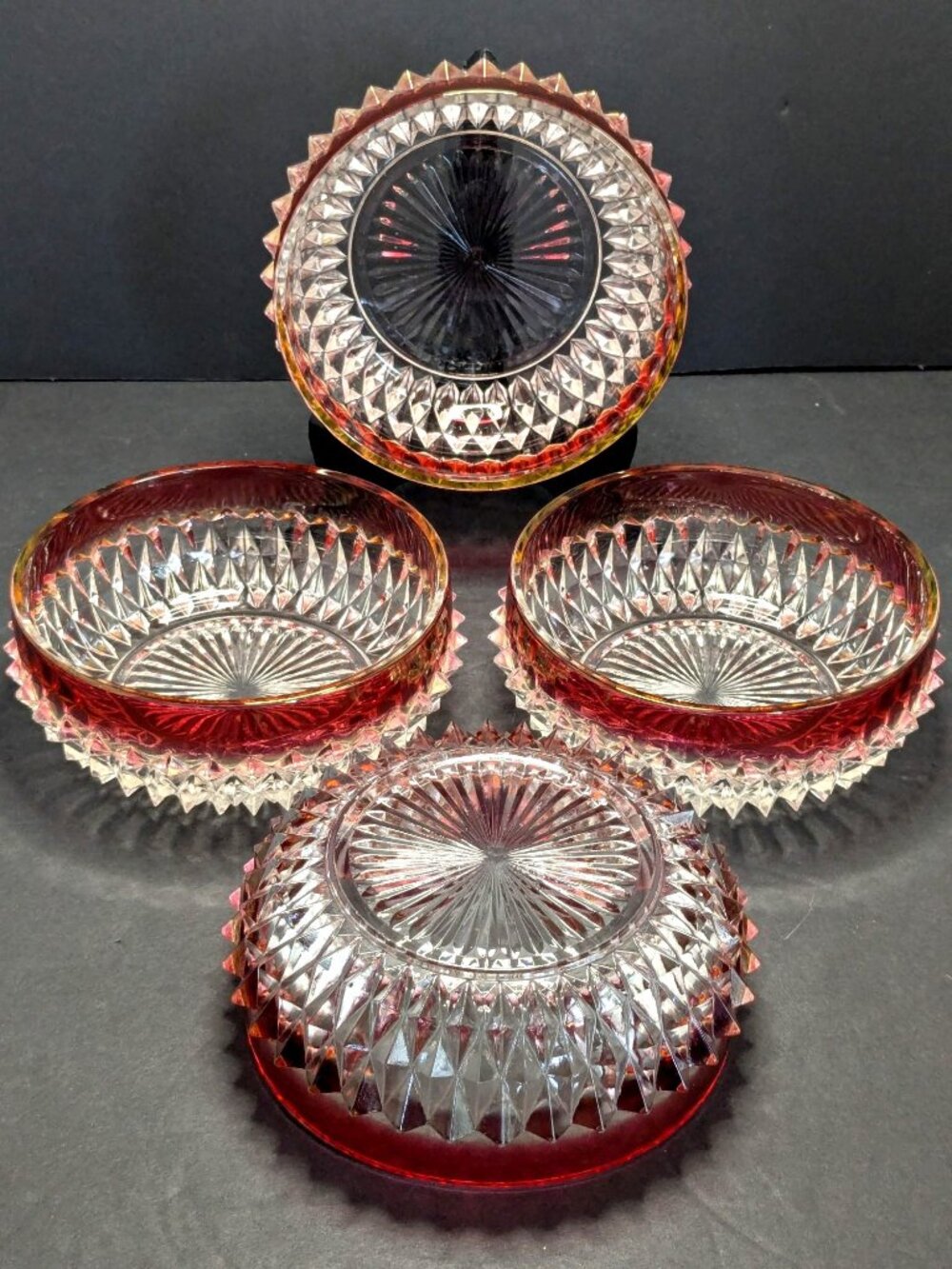 Vintage set of 4 Indiana Glass Vintage Ruby Diamond Point Bowls Set USA Bowls